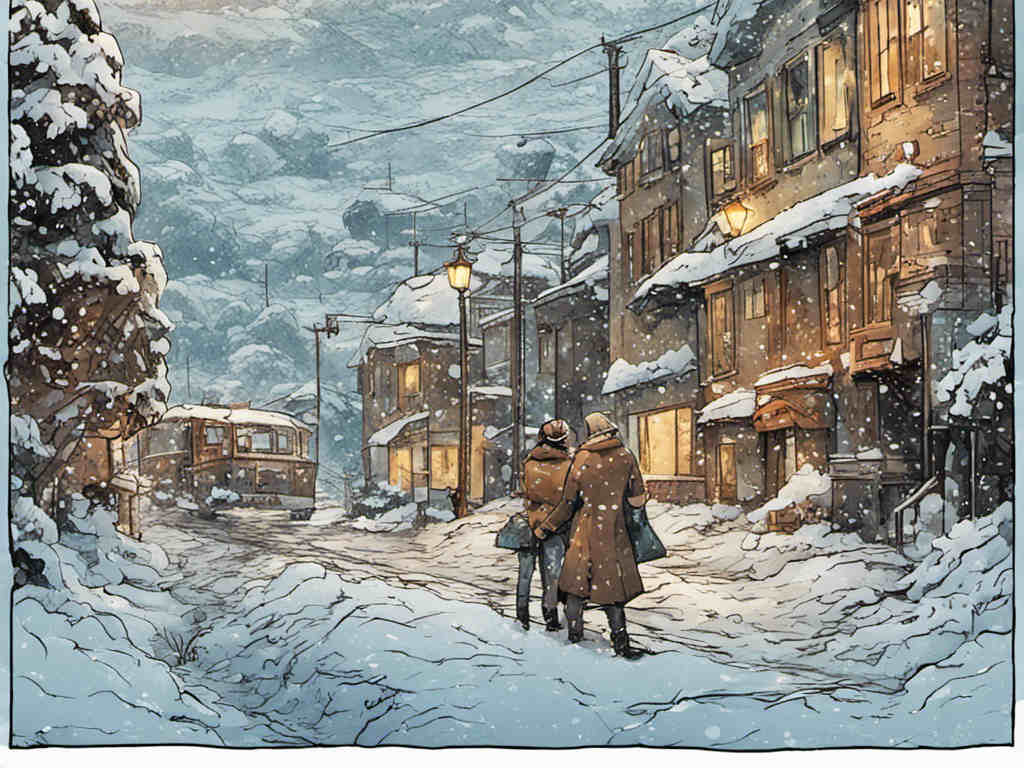 snowy December town cartoon depiction