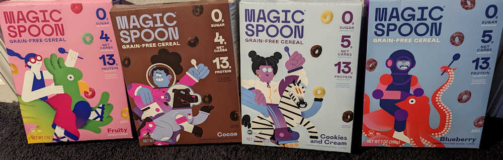 Magic Spoon four cereal boxes